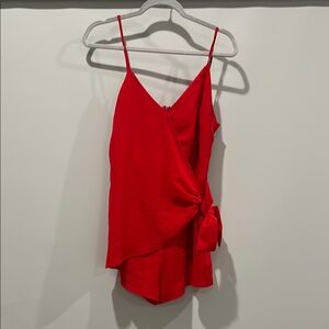 She + Sky Red Asymmetrical Tie Romper